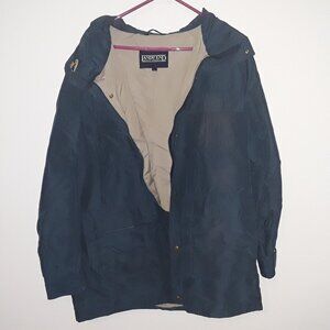 Lands End mens large steel blue w/tan lining all weather jacket w/many pockets